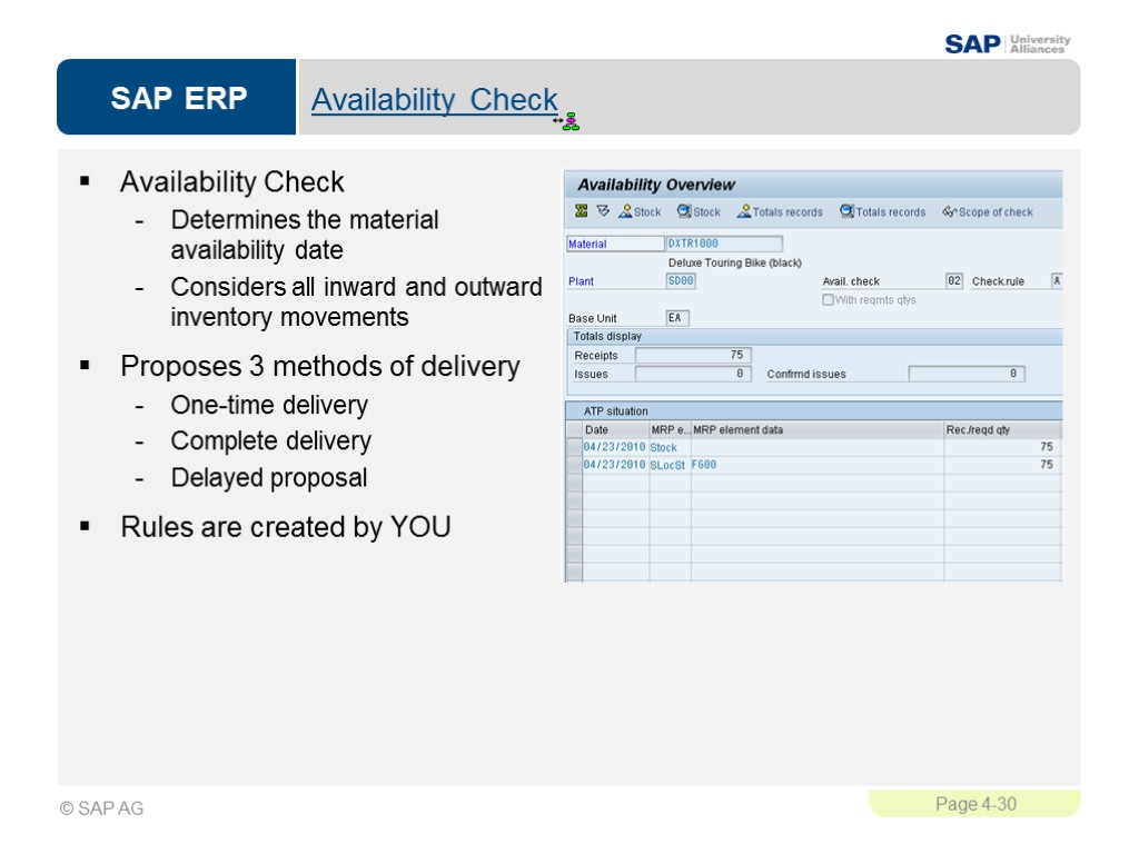 Availability Check Availability Check Determines the material availability date Considers all inward and outward Availability Check Availability Check Determines the material availability date Considers all inward and outward